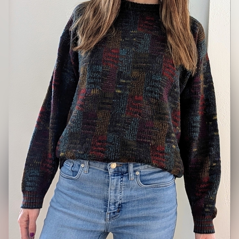 Vintage 90's Abstract Geometric Wool Blend Crewneck Sweater In Green/Burgundy